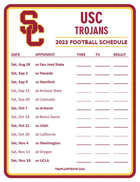 Usc trojans football schedule - Story Links. LOS ANGELES — The 2020 USC football schedule has been announced by the Pac-12 and it features six home games in the Coliseum, with visits from Notre Dame, Washington, Arizona State, California, Colorado and New Mexico. The Trojans' road games will be against Alabama in Arlington, Tex., plus at Oregon, Utah (on …